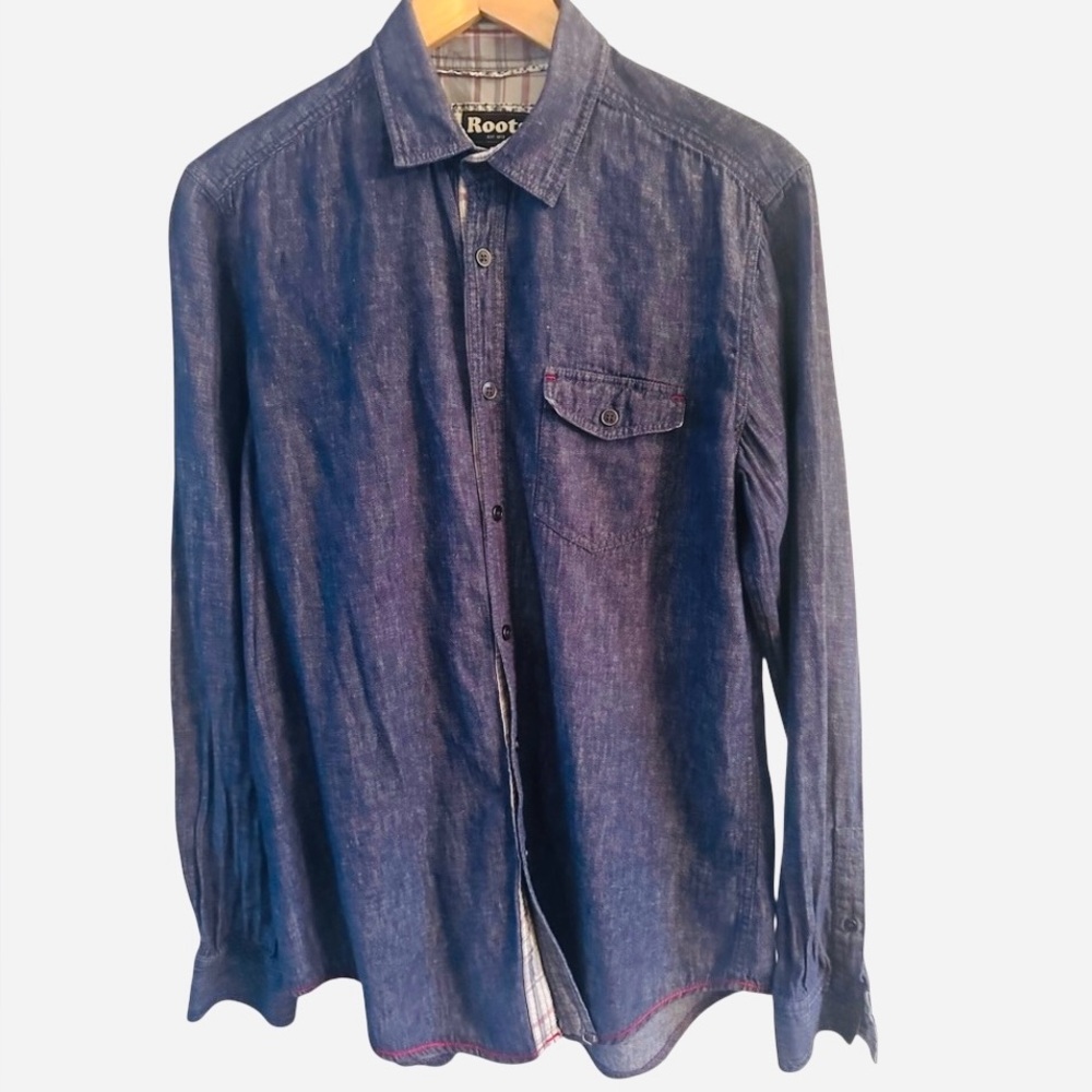 ROOTS LIGHTWEIGHT DENIM LONG SLEEVE WESTERN SHIRT WOMENS SZ LARGE
